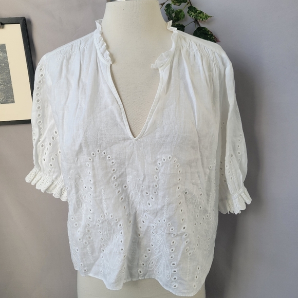 AYR Allora Embroidered Eyelet Linen Blouse White M - Picture 2 of 16